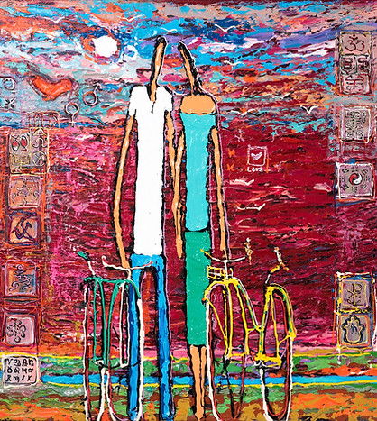 Alek Gerber, Couple with a bicycle, tenderness, Acrylic on canvas